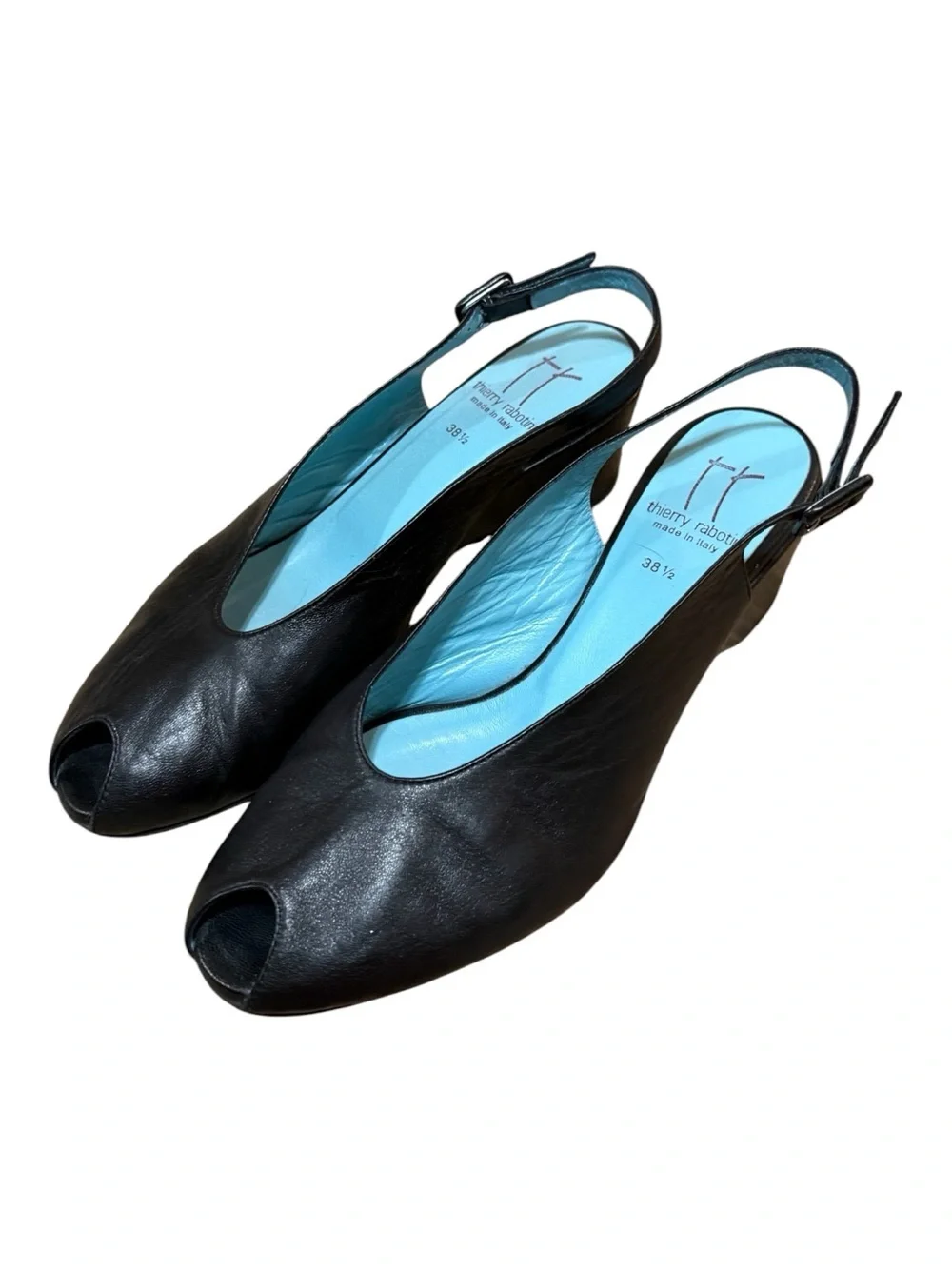Thierry Rabotin Black Leather Italian Peep Toe Slingback Wedge Shoes 38.5